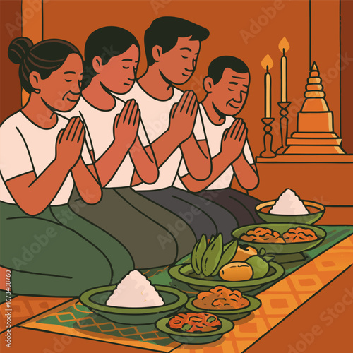 Pchum Ben Day festival, Family offering food to the monks in Pagoda