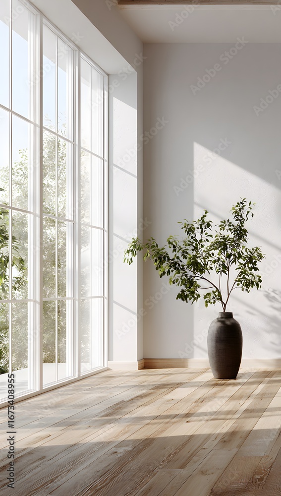 Fototapeta premium Minimalist interior design of an empty room with large windows, wooden floor, and a decorative plant