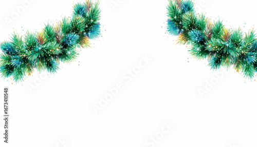 Watercolor Christmas tinsel frame. Shiny green tinsel with imitation of a Christmas tree on a transparent background. Empty frame for Christmas and New Year designs. Christmas green garland.