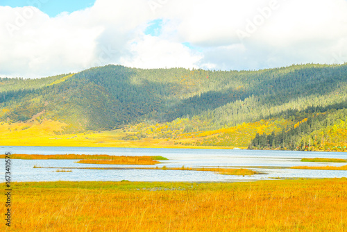 Pudacuo National Park, Yunnan, China, Shangri-La, lake Golden forests surround serene alpine lakes, reflecting clouds.
