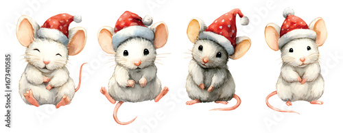 Set of cute little mice dressed in Santa hats. Cute white little mice wearing red Santa hats with white pompoms. Christmas cartoon characters. Vector illustration.