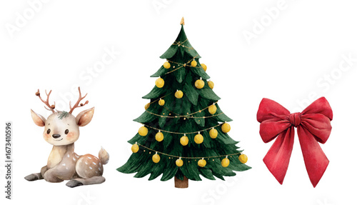Set of watercolor Christmas elements. Christmas tree with garland, red bow and Christmas deer. cute Christmas elements and decorations. Watercolor cliparts for Christmas designs. Vector illustration.
