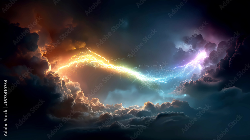 Fototapeta premium Fantasy Rainbow Lightning Power in Dark Stormy Sky 