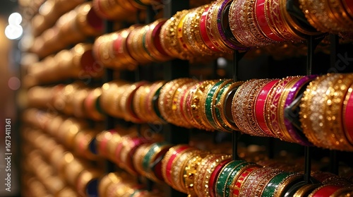 Colorful bangles display in market. Indian traditional style wedding bracelets. Fashion colorful bracelets on shelf. Ethnic design, retail store, bazaar, handmade jewelry.