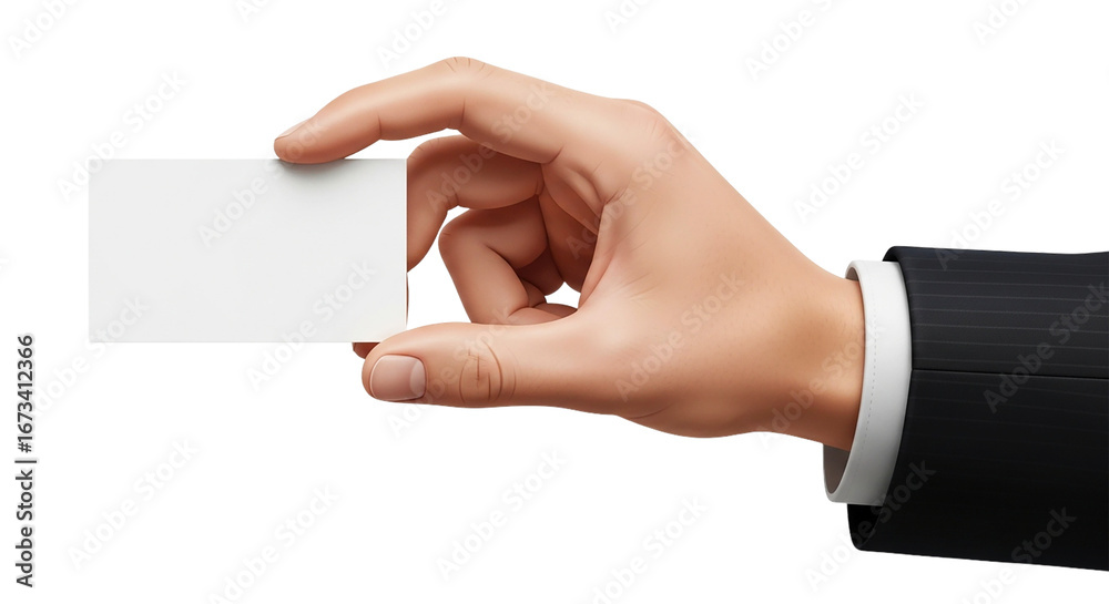 Fototapeta premium Hand Holding Blank Business Card Mockup Elegant Suit Presentation Professional Identity on transparent background