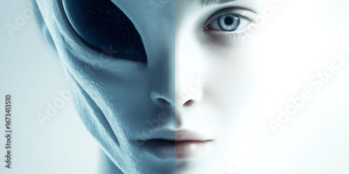 Alien And Human Hybrid Face Symbolizing Unity And Coexistence

