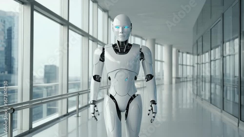 Futuristic humanoid robot walking confidently inside a modern office building with panoramic city views, symbolizing advanced technology and innovation