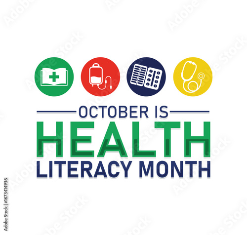 October is Health Literacy Month Education and Awareness. Vector web banner, background, poster, postcard, template design.
