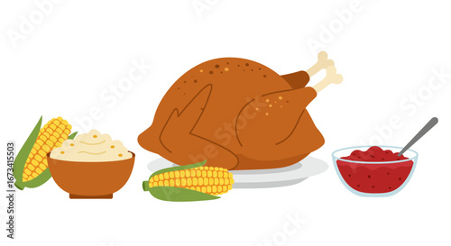 A cooked turkey corn mashed potatoes and cranberry sauce sit on a white background