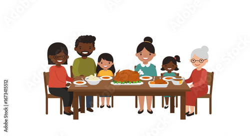 A family is gathered at a table enjoying a Thanksgiving dinner with a roasted turkey as the centerpiece