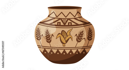 A decorated clay pot with tribalinspired geometric and agricultural designs