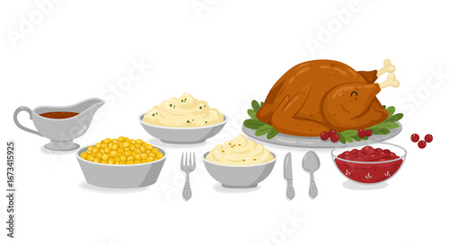 A Thanksgiving feast with turkey gravy corn mashed potatoes and cranberry sauce on a white background