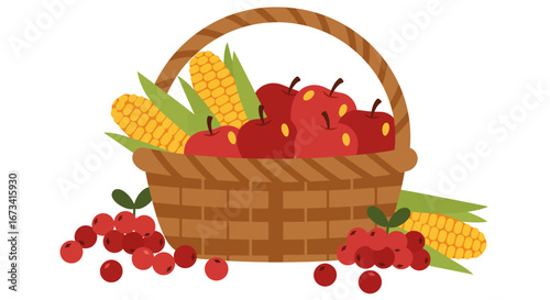 A woven basket filled with corn and apples with cranberries scattered around