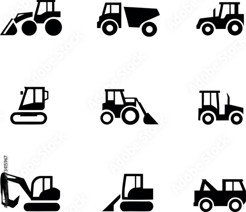 Construction vehicles and heavy equipment machinery black glyph icon set