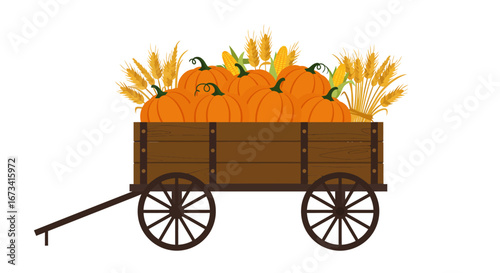 A wooden wagon is filled with pumpkins wheat and corn