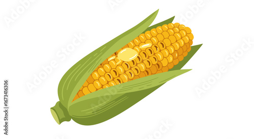Corn on the cob with butter green husk yellow kernels flat twodimensional illustration