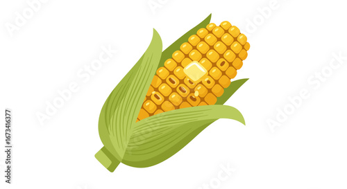 Corn on the cob with melted butter bright yellow kernels and green husks on a white background