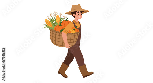 Farmer carries pumpkins and corn in a basket while walking