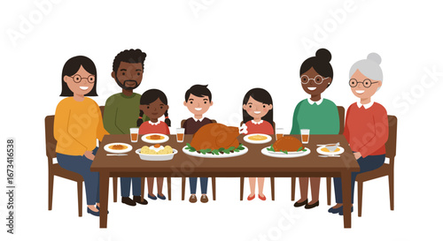 Family of six seated at a table laden with food and beverages