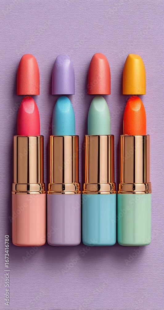 Obraz premium Four pastel lipsticks, open, showcasing vibrant colors against a soft purple background