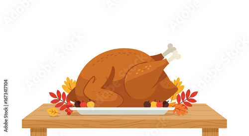 Roasted turkey on a wooden table with autumn leaves and small fruits