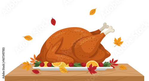 Roasted turkey on platter with autumn leaves on a wooden surface