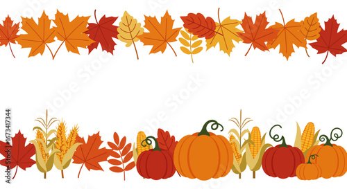 The image shows leaves pumpkins  corn arranged in parallel lines against a white background indicative of an autumnharvest theme