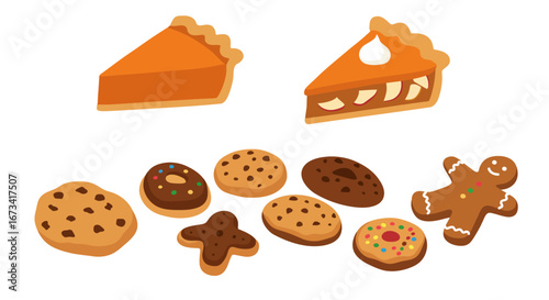 Various sweet baked treats are depicted including pie slices cookies donuts and a gingerbread man