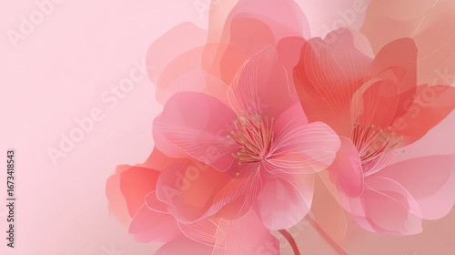 Delicate pink flowers bloom softly, creating a serene and beautiful atmosphere. This image showcases a gentle floral design ideal for wellness or nature themes. AI