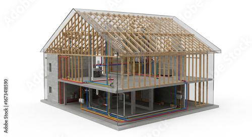 Detailed cross-section of a house showcasing modern plumbing and HVAC systems within its structural framework