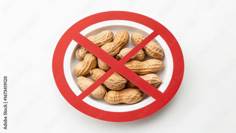 Fototapeta premium Dietitian Services No peanuts allowed sign with a plate of peanuts inside a red circle and slash symbol.