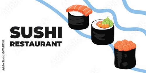 Vector illustrated advertising web and desktop banner with Japanese cuisine, traditional Asian food including sushi and rolls, perfect for Asian restaurant branding, menu design, and promotional