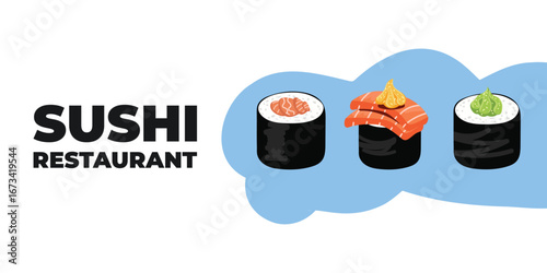 Vector illustrated advertising web and desktop banner with Japanese cuisine, traditional Asian food including sushi and rolls, perfect for Asian restaurant branding, menu design, and promotional
