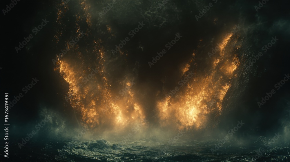 Fototapeta premium Fiery inferno over dark ocean waves at night
