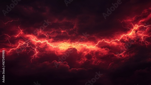 Fiery red lightning bolts across dark storm clouds