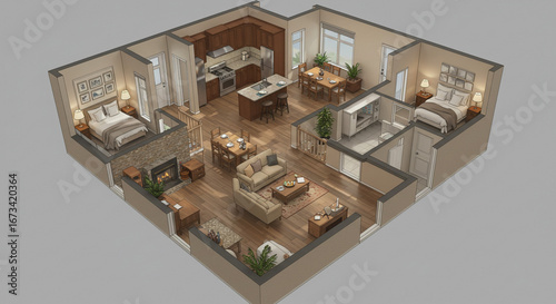 Cozy modern home interior with fireplace, two bedrooms, and open living space
