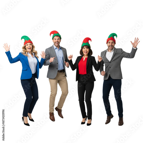 Festive Office Team in Elf Hats Celebrating Together