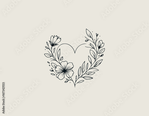 A minimalist heart shape is delicately surrounded by flourishing flowers and intricate green leaves. Nature concept