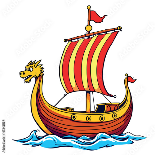 Vsai cartoon viking ship sailing on water with dragon figurehead
