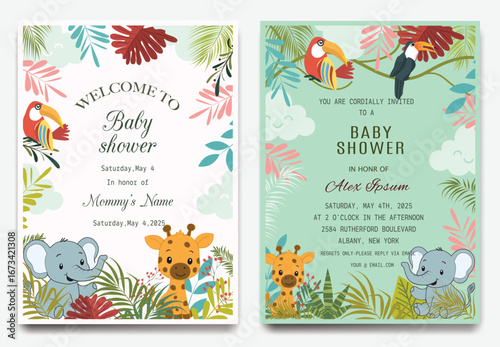Cute baby shower invitation with safari animals, giraffe, elephant, toucan, and tropical leaves.
