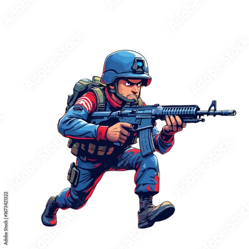 Vsai determined soldier running and aiming with assault rifle