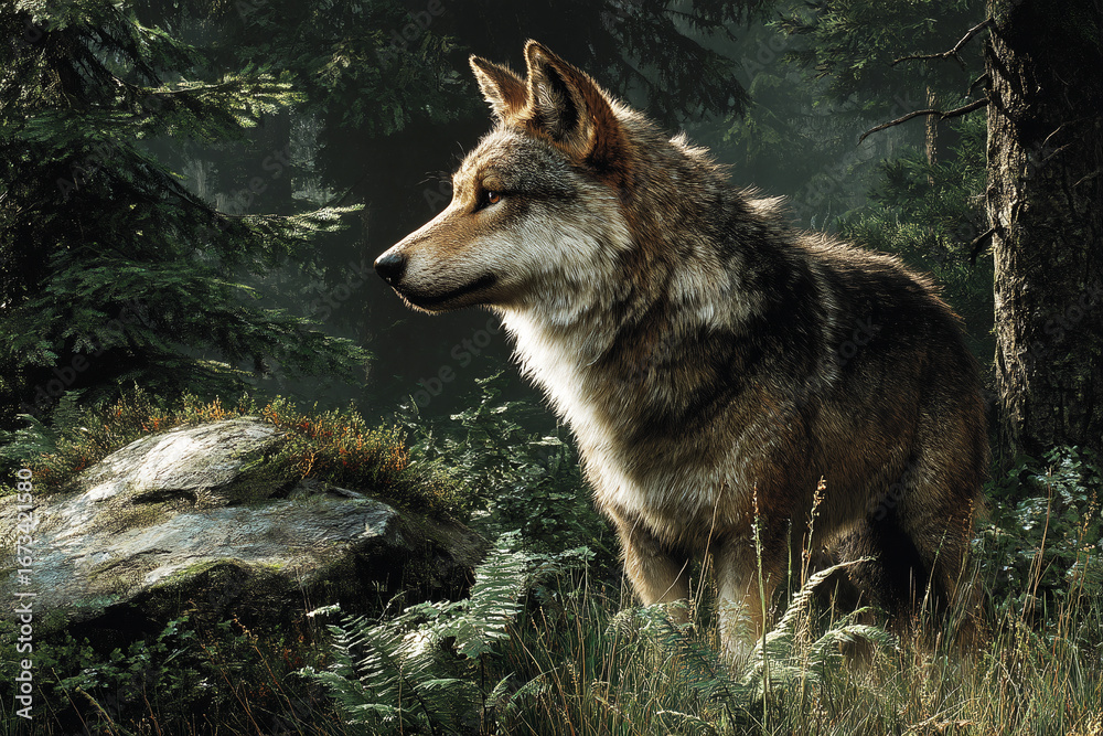 Obraz premium A close-up of a gray wolf standing in a forest.