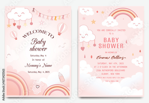 Cute baby shower invitation with safari animals, giraffe, elephant, toucan, and tropical leaves.