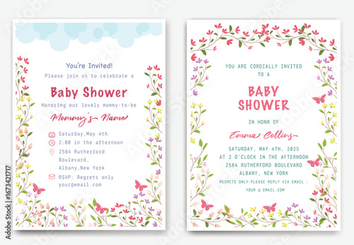Cute baby shower invitation with safari animals, giraffe, elephant, toucan, and tropical leaves.