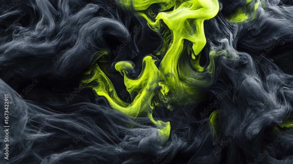 Fototapeta premium Abstract swirling grey and chartreuse ink in water