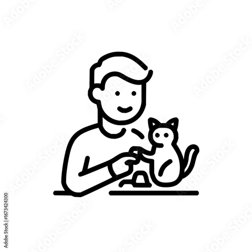 Man feeding cat line art vector illustration for pet care animal lover and feline friend design element