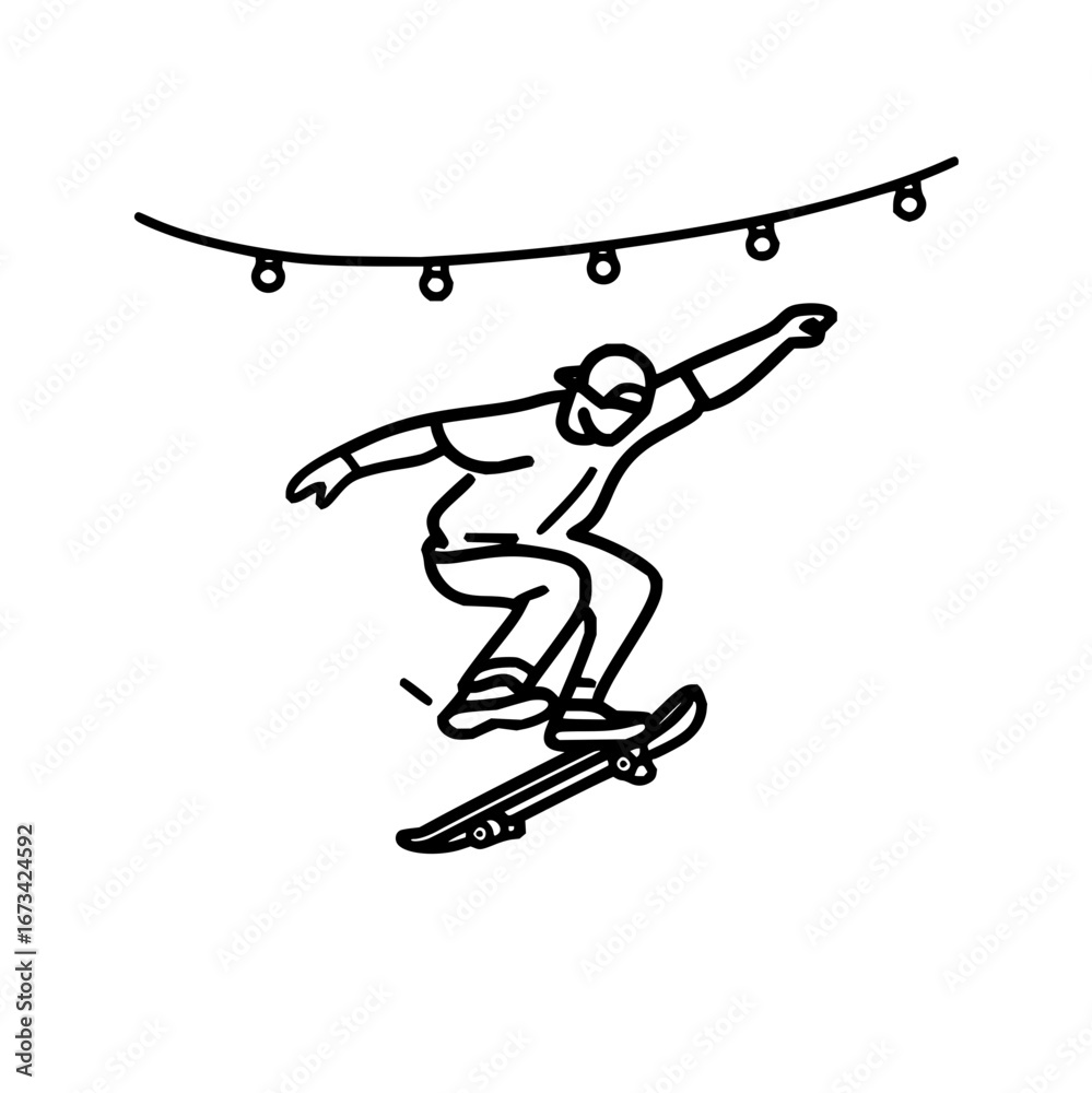 Fototapeta premium Skateboarder outline vector illustration performing trick under string lights for extreme sports design needs
