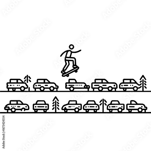 Skateboarder jumping over cars traffic illustration vector graphic design transportation urban lifestyle scene