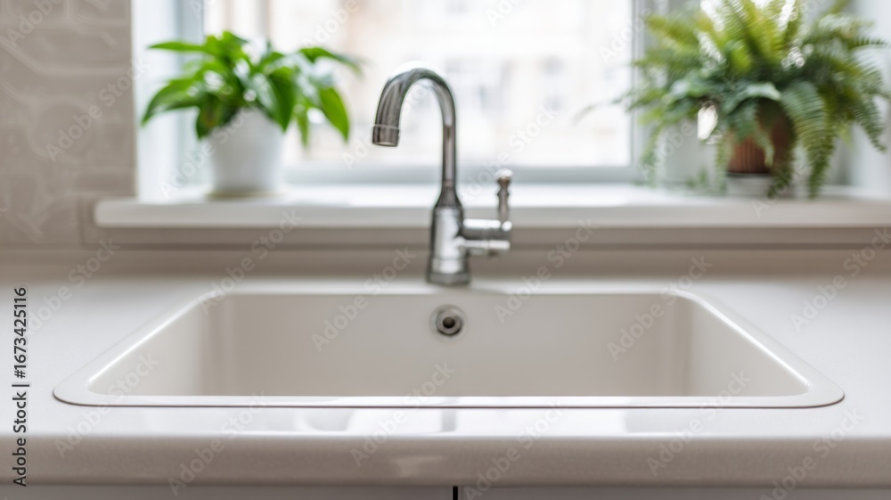 Fototapeta premium Elegant kitchen sink with modern faucet in bright lighting. AI generated
