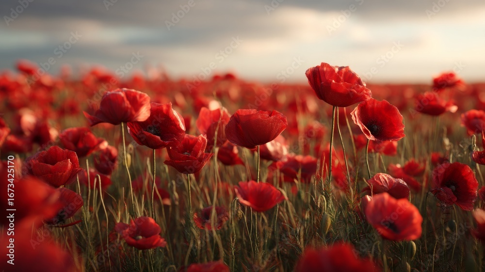 Naklejka premium Vibrant poppy field under bright sky. AI generated